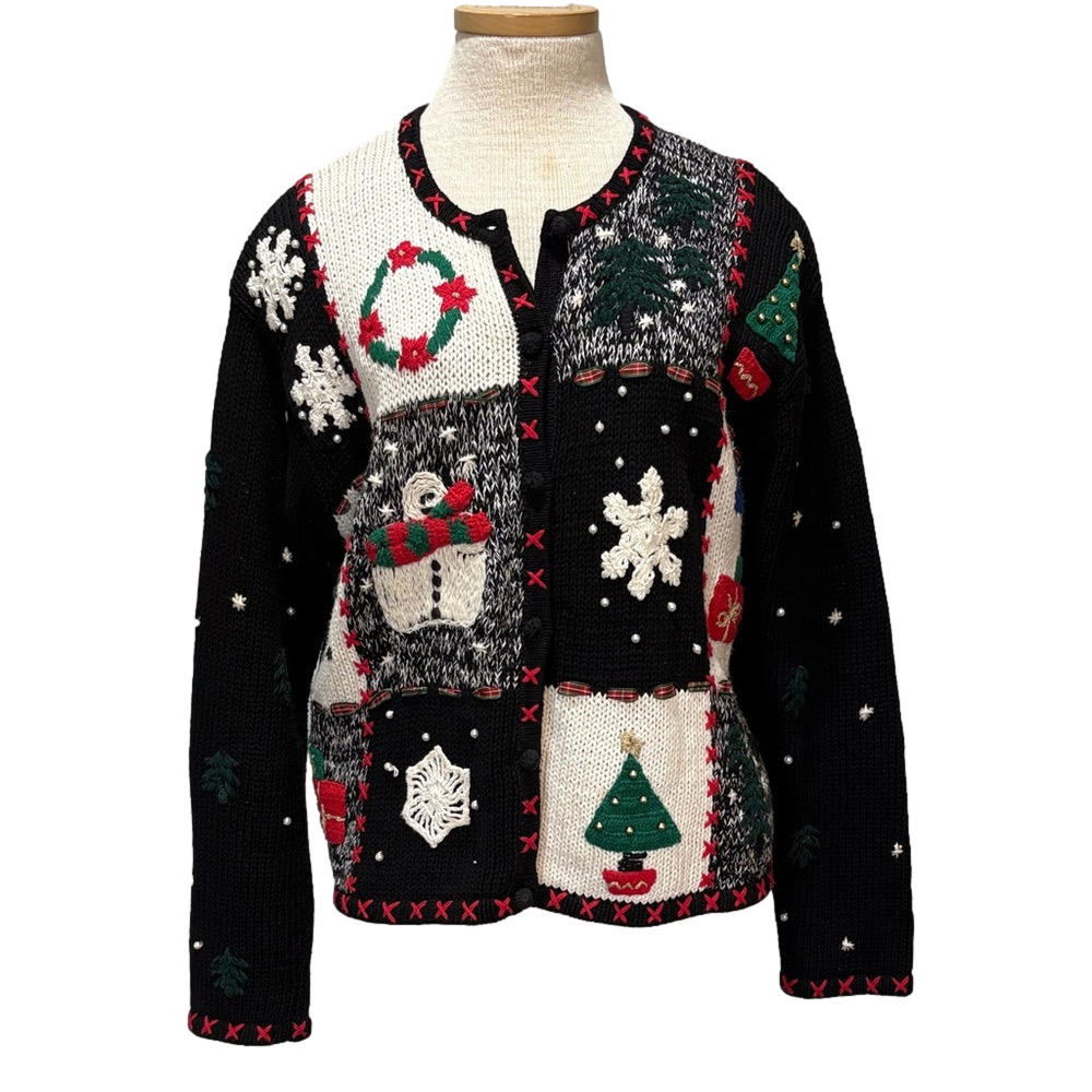 Vintage sz PL Christmas novelty button up embroidered/beaded cardigan